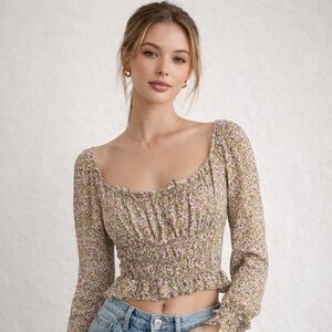 H&M Crop Top Pink Green Micro Floral Long Puff Sleeves Smocked Bodice L